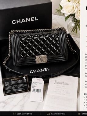 Chanel Boy Bag Medium Black Patent Leather Silver HW Full Set 2014 Authentic